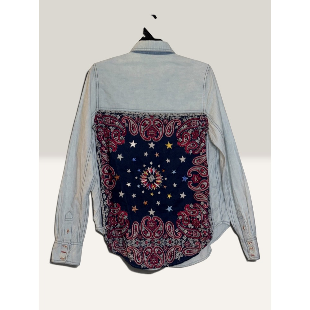 Free People Bandana Back Denim Chambray Shirt Light Wash Western Star Boho L